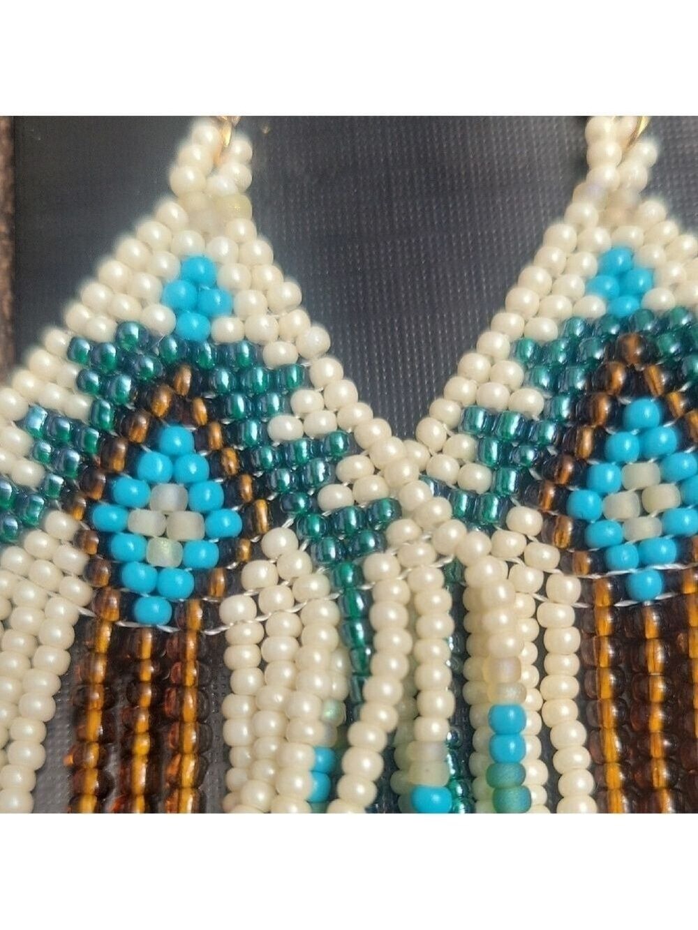 Boho Beaded Fringe Earrings Lot 2 Pairs Turquoise Brown White - Picture 6 of 9
